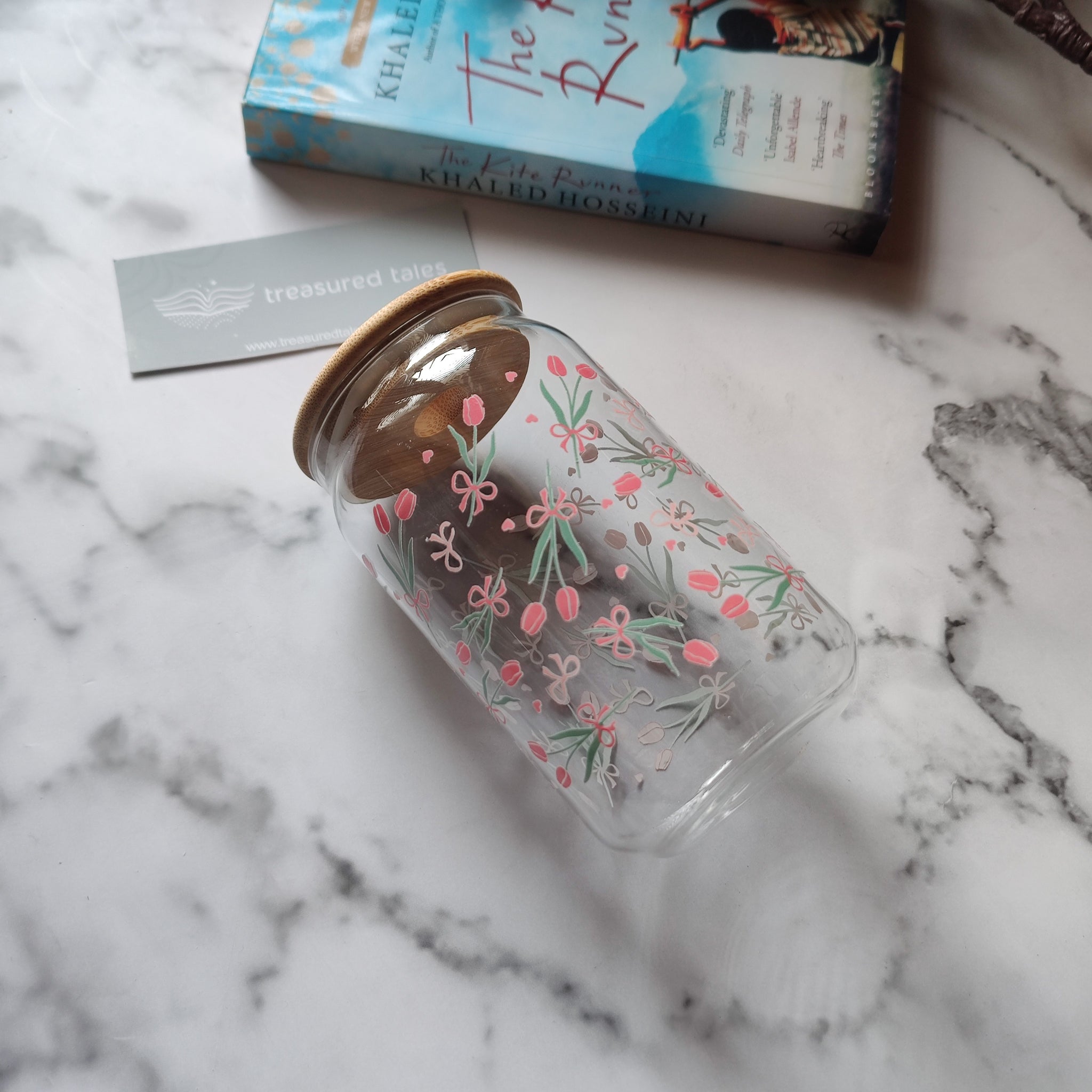 Pink Tulips with Bow Glass Tumbler - Clear 540ml
