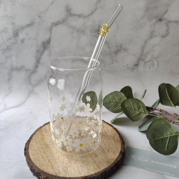 Personalised White Daisy Glass Tumbler  With Yellow Flower Straw- Clear 540ml