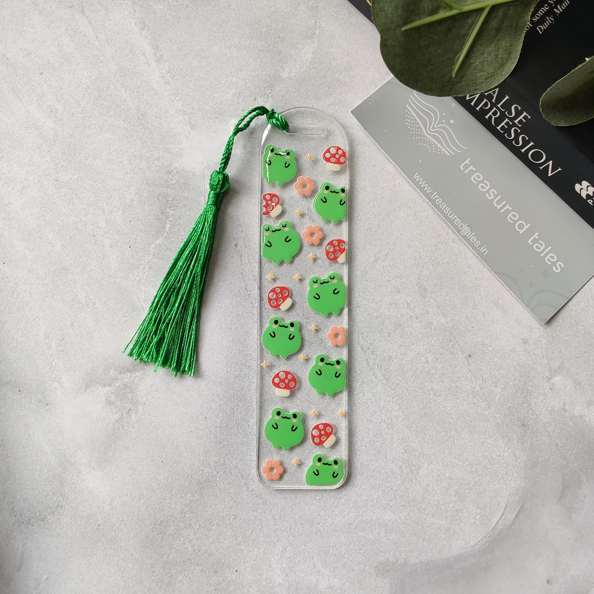 Green froggy and Mushrooms Acrylic Bookmark