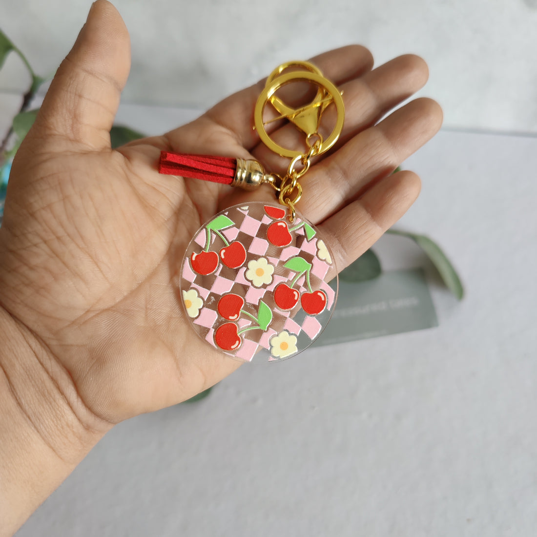 Red Cherry with Daisy Acrylic Keychain